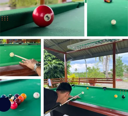 Collage of the farmhouse billiards area